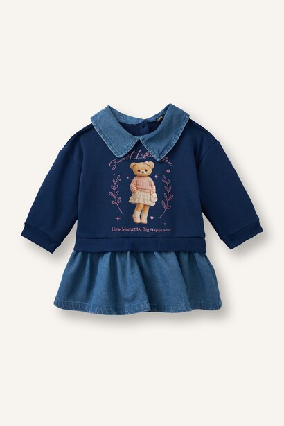 Ayıcık Baskılı Uzun Kollu Jean Elbise Kız Bebek