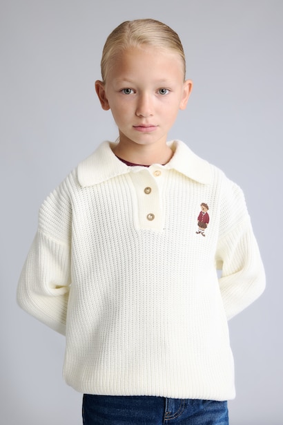 Girl Relaxed Fit Ribbed Polo Collar Sweater with Teddy Bear Embroidery