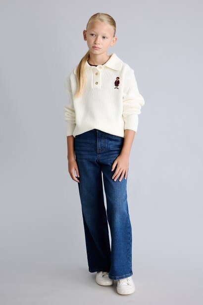 Girl Relaxed Fit Ribbed Polo Collar Sweater with Teddy Bear Embroidery