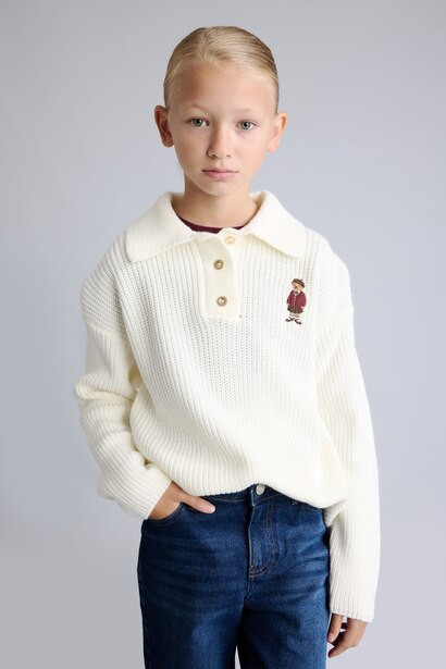 Girl Relaxed Fit Ribbed Polo Collar Sweater with Teddy Bear Embroidery