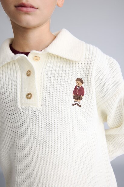 Girl Relaxed Fit Ribbed Polo Collar Sweater with Teddy Bear Embroidery