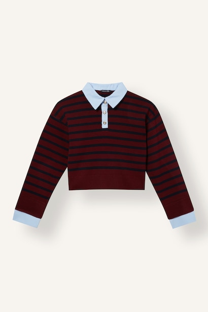 Girl Relax Fit Striped Polo Collar Pullover
