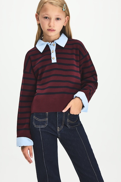 Relaxed Fit Çizgili Oxford Kazak Kız Çocuk
