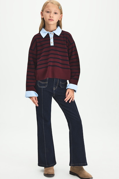 Relaxed Fit Çizgili Oxford Kazak Kız Çocuk
