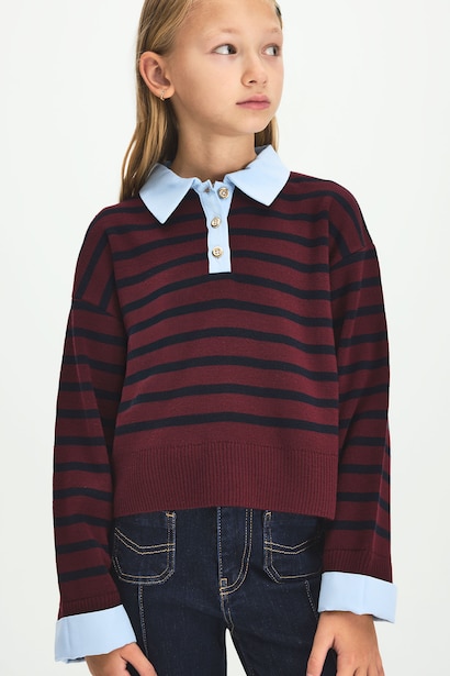 Relaxed Fit Çizgili Oxford Kazak Kız Çocuk
