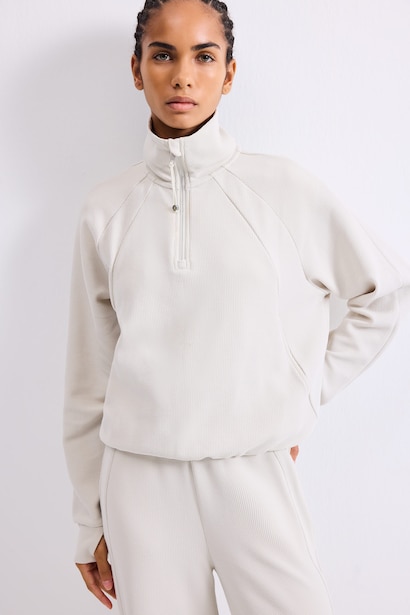 Yarım Fermuarlı Waffle Dik Yaka Basic Sweatshirt