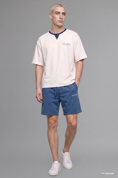 100% Cotton Boxy Fit Blue Short Sleeve Crew Neck T-Shirt