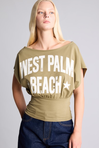 Cotton Printed Boat Neck Short Sleeve T-Shirt