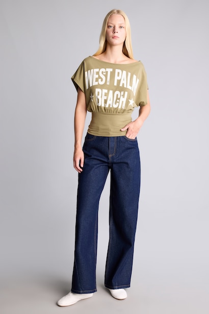 Cotton Printed Boat Neck Short Sleeve T-Shirt