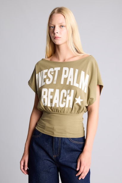 Cotton Printed Boat Neck Short Sleeve T-Shirt