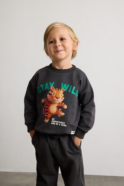 %100 Pamuk Oversize Kaplan Baskılı Sweatshirt Erkek Bebek