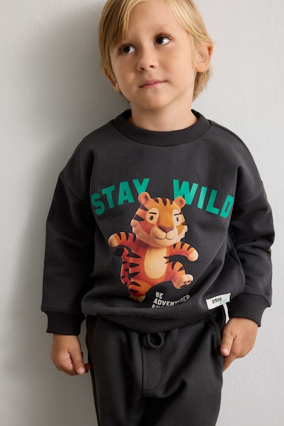 %100 Pamuk Oversize Kaplan Baskılı Sweatshirt Erkek Bebek