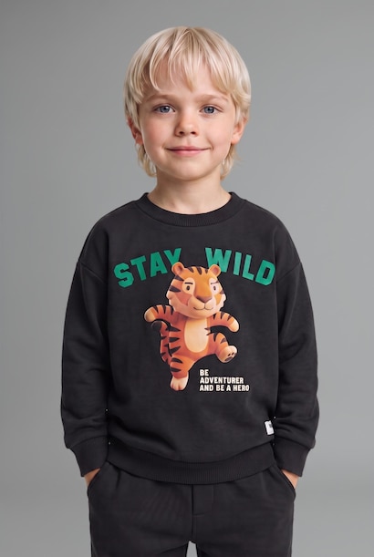 %100 Pamuk Oversize Kaplan Baskılı Sweatshirt Erkek Bebek