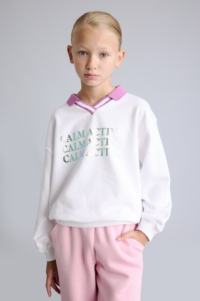 Girl Relaxed Fit Contrast Polo Collar Printed Sweatshirt