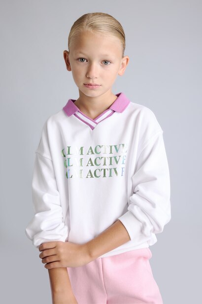 Girl Relaxed Fit Contrast Polo Collar Printed Sweatshirt