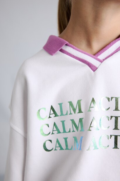 Girl Relaxed Fit Contrast Polo Collar Printed Sweatshirt