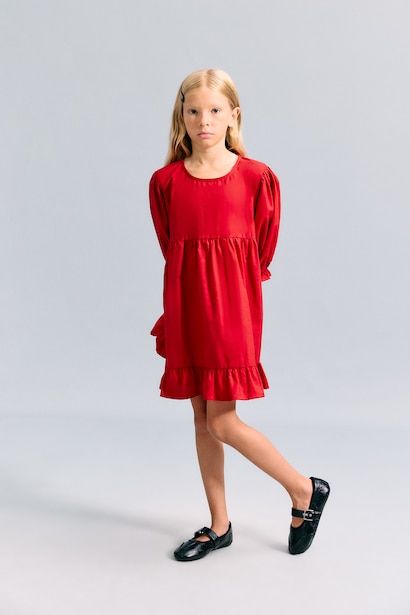 Girl Short Sleeve Poplin Red Dress