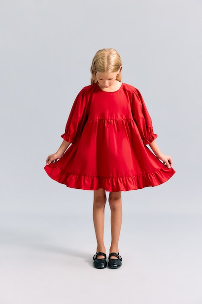 Girl Short Sleeve Poplin Red Dress