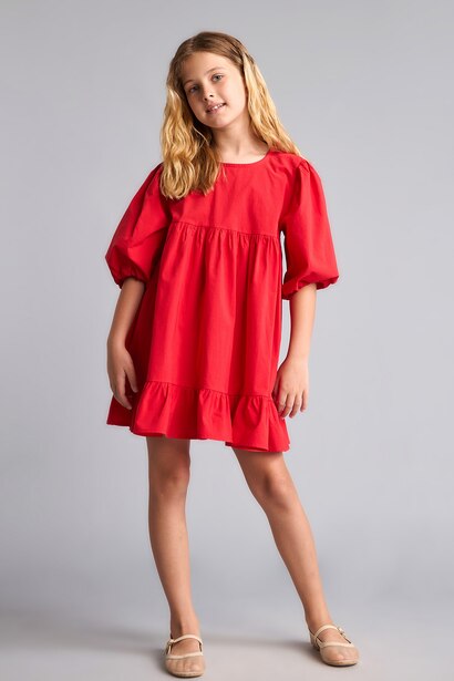 Girl Short Sleeve Poplin Red Dress