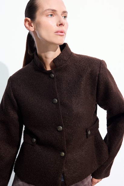 Stand Neck Buttoned Tweed Long Sleeve Shirt