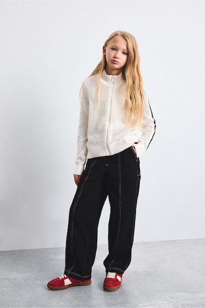 Girl Open-Knit Stripe Detail Cardigan