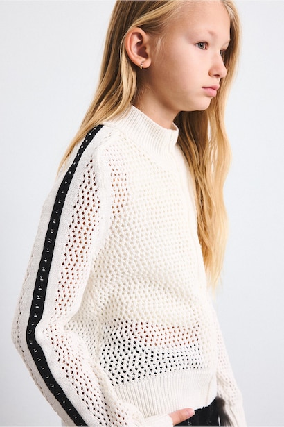 Girl Open-Knit Stripe Detail Cardigan
