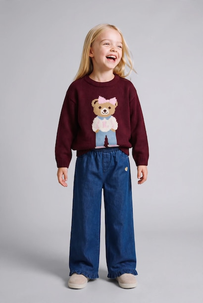 Baby Girl Heart Embroidery Ruffled Hems Wide Leg Trousers