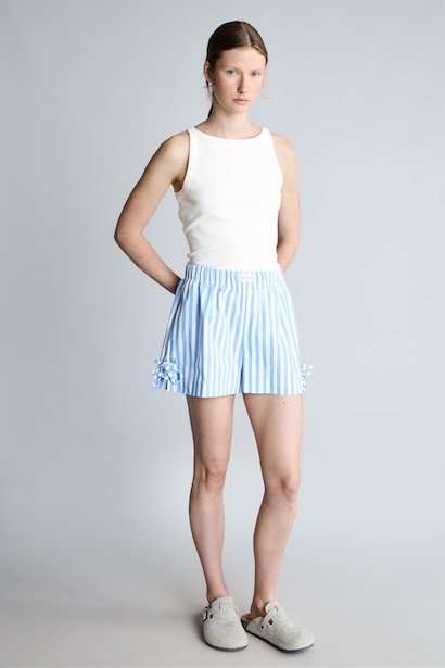 %100 Pamuk Regular Fit Çizgili Poplin Şort Pijama Alt