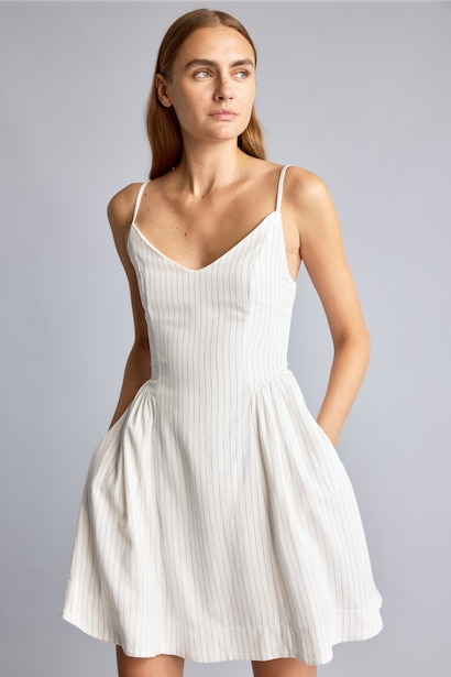 V-Neck Striped Poplin Strappy Midi Dress