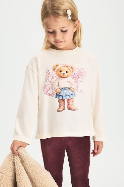 Baby Girl 100% Cotton Teddy Bear Print Crew Neck Long Sleeve T-Shirt