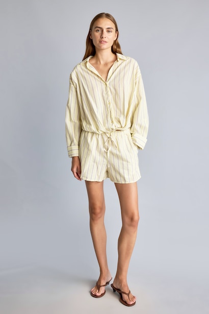 Stretch Waist Linen Blend Striped Shorts