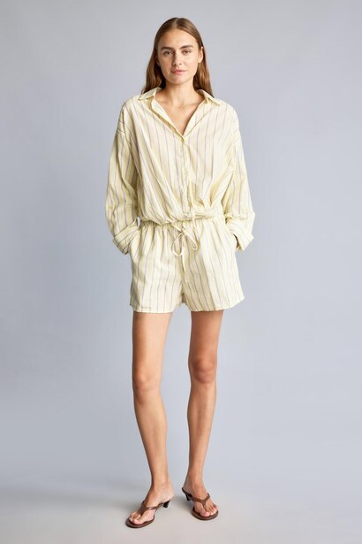 Stretch Waist Linen Blend Striped Shorts