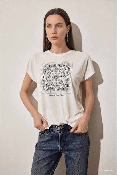 Woman Regular Fit Ecru Printed Crew Neck Short Sleeve T-Shirt
