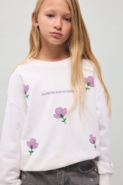 Girl Relaxed Fit Embroidered Floral Crew Neck Sweatshirt