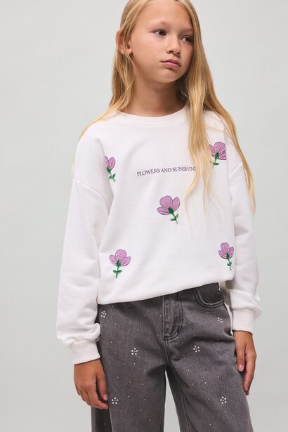 Girl Relaxed Fit Embroidered Floral Crew Neck Sweatshirt
