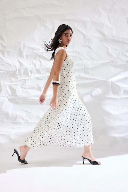 Heart Neck Polka Dot Crepe Strappy Midi Dress