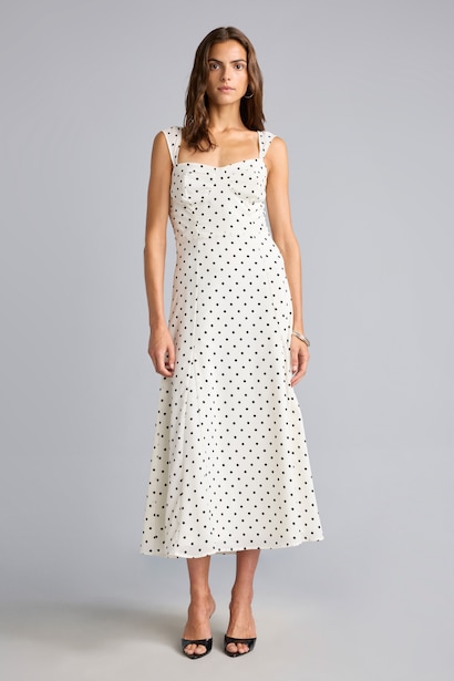 Heart Neck Polka Dot Crepe Strappy Midi Dress