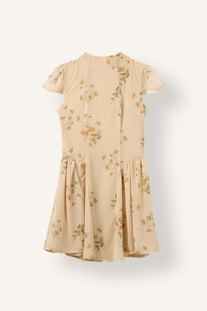 Crew Neck Floral Pleated Chiffon Mini Dress