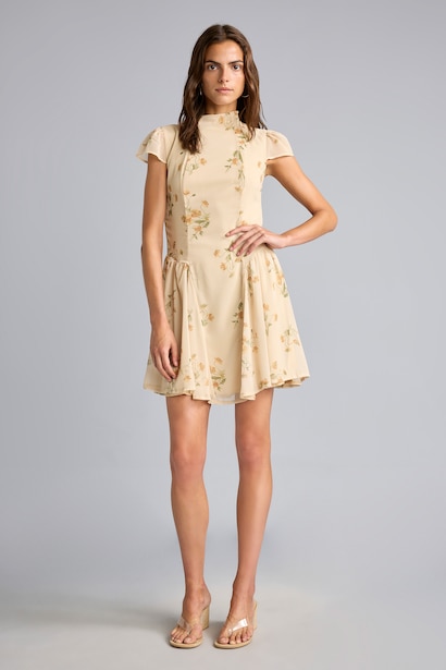 Crew Neck Floral Pleated Chiffon Mini Dress