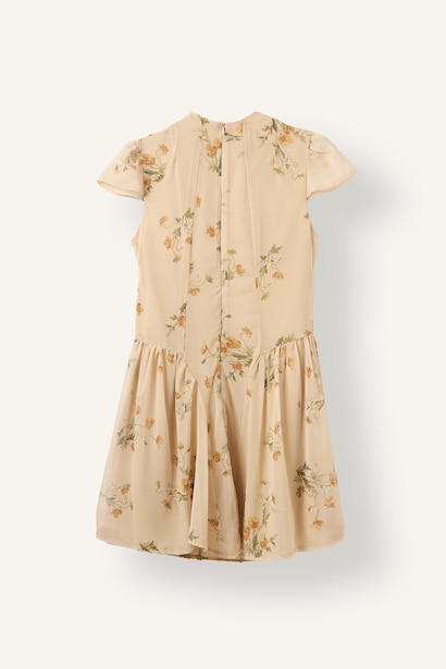 Crew Neck Floral Pleated Chiffon Mini Dress