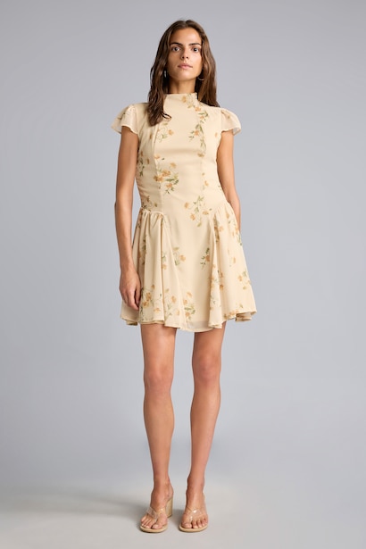 Crew Neck Floral Pleated Chiffon Mini Dress