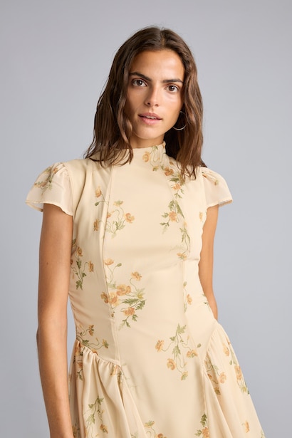 Crew Neck Floral Pleated Chiffon Mini Dress