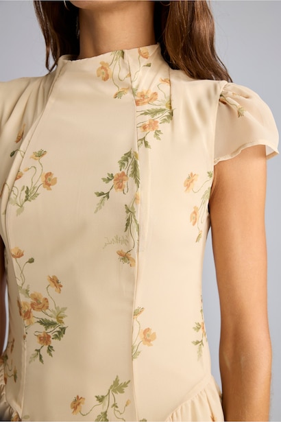 Crew Neck Floral Pleated Chiffon Mini Dress
