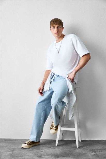 Baggy Fit Elastic Waist Blue Trousers