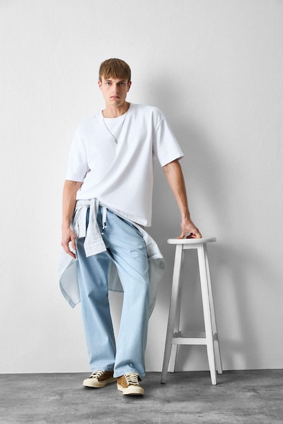 Baggy Fit Elastic Waist Blue Trousers