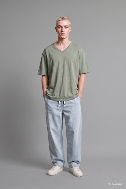 Baggy Fit Elastic Waist Blue Trousers