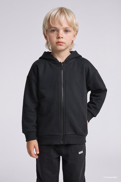 Kapüşonlu Fermuarlı Basic Sweatshirt Hırka Erkek Bebek