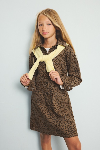 Girl 100% Cotton Leopard Print Long Sleeve Shirt Dress