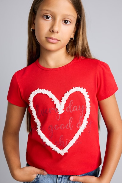 Girl Regular Fit Crew Neck Heart Pattern T-Shirt