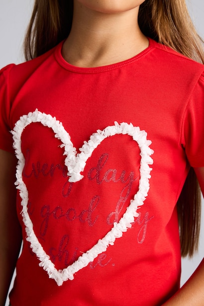 Girl Regular Fit Crew Neck Heart Pattern T-Shirt